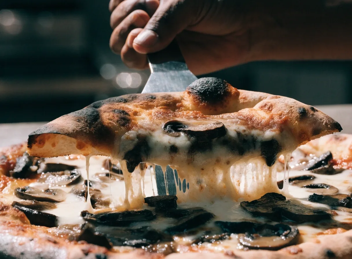 Close view of blistered charred crust on a coal-fired pizza