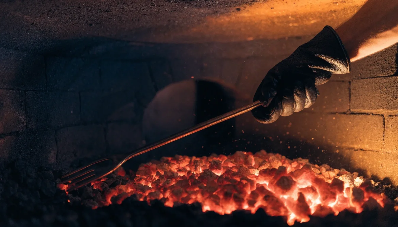 Glowing coal bed inside a dark coal-fired oven