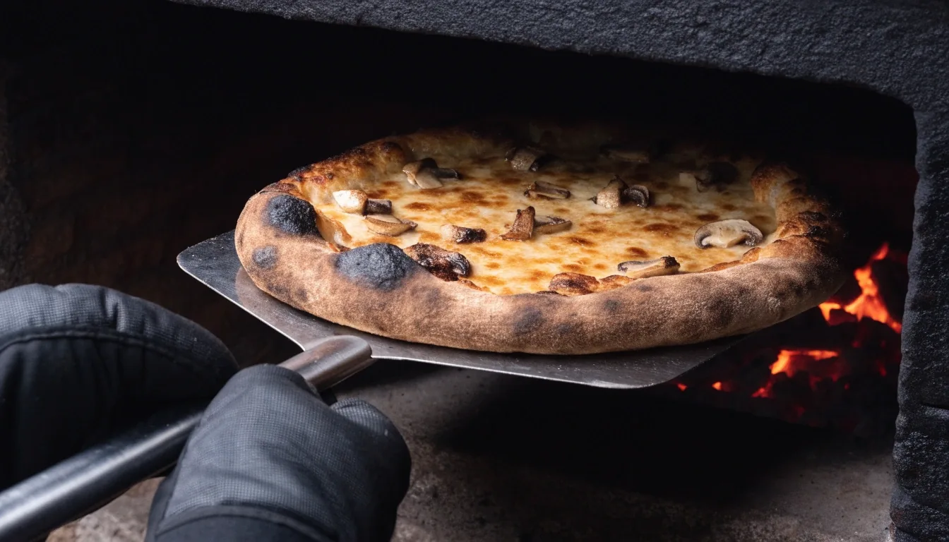 Hands pulling a coal-fired pizza from the oven mouth on a steel peel