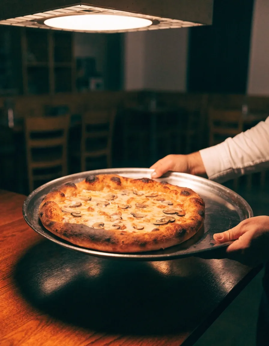 Overhead coal-fired mushroom pizza on a steel tray