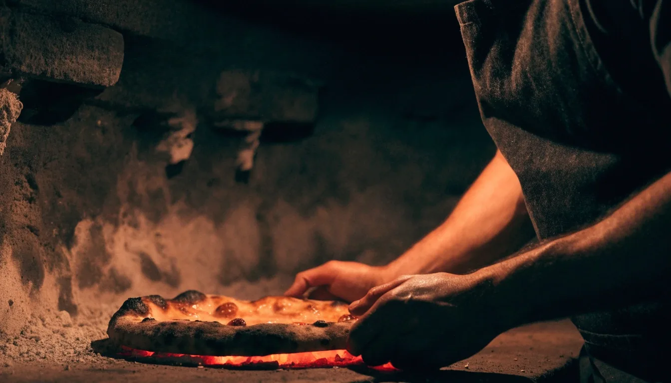 Coal bed glowing inside a dark coal-fired oven mouth with a blistered pizza edge