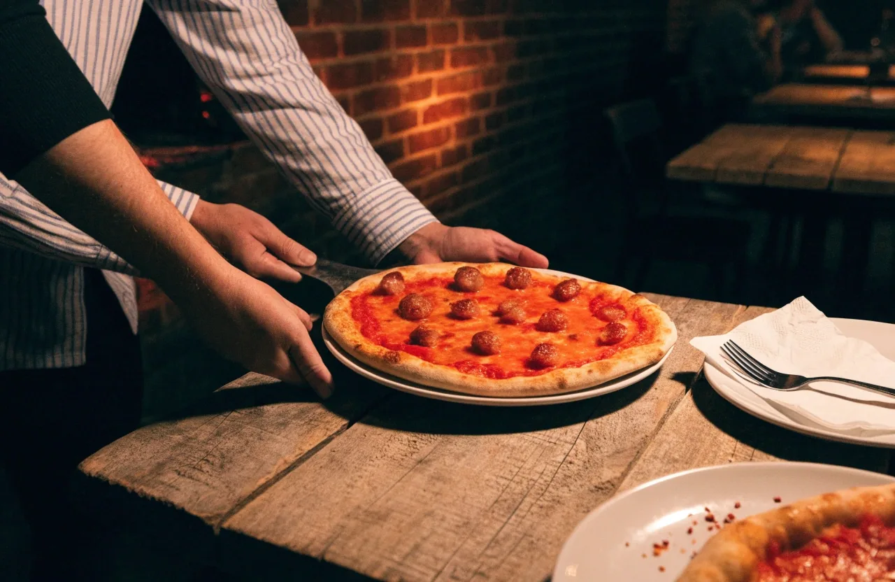 Hands pulling a coal-fired pizza from the oven mouth on a steel peel