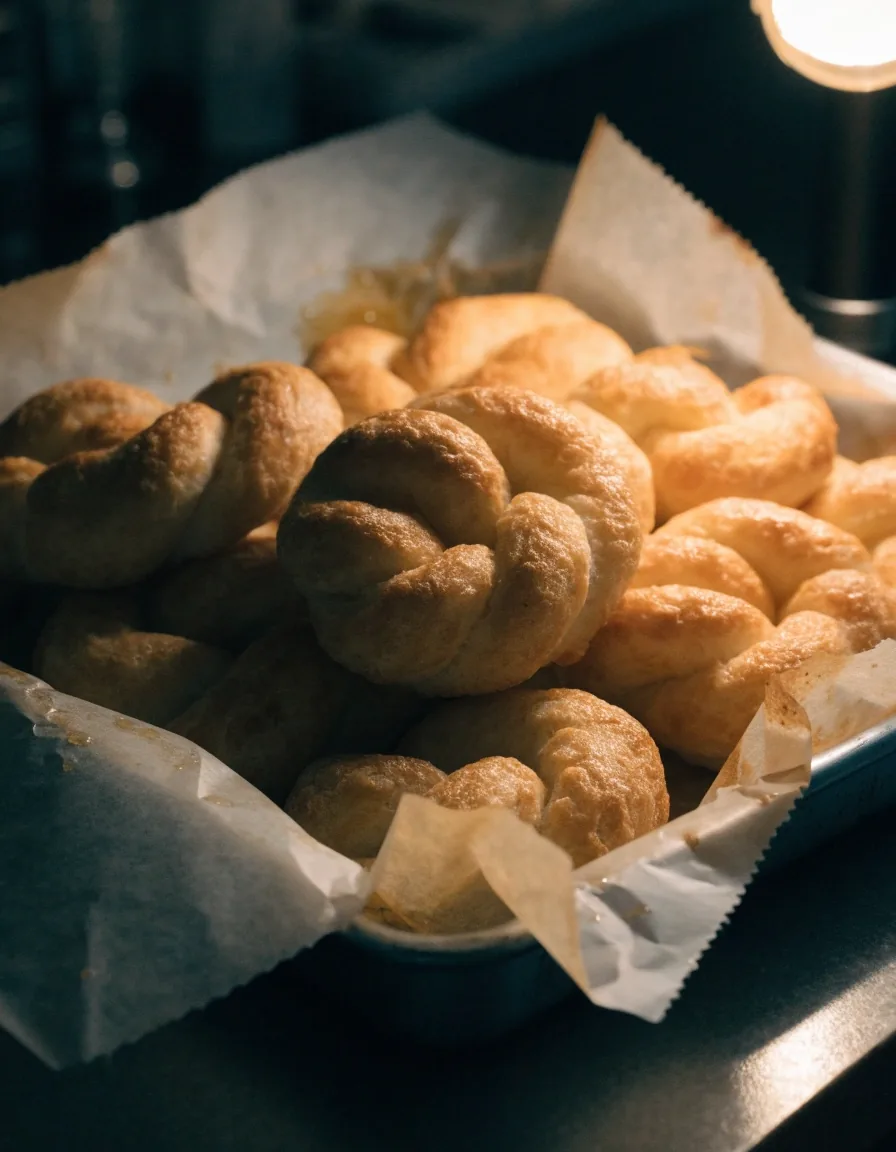 Garlic knots in a paper-lined tray on a dark counter