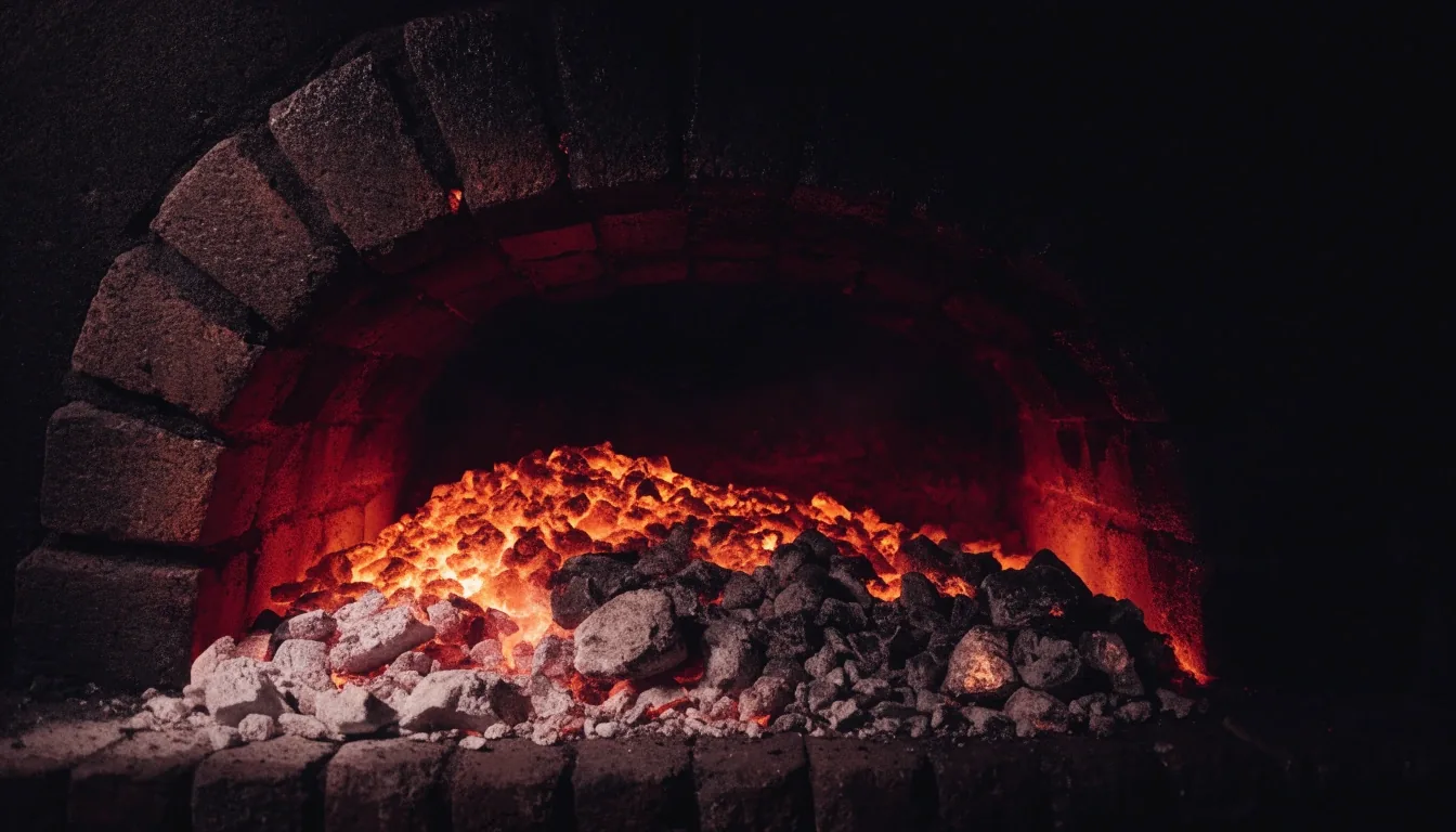 Glowing coal bed inside a dark coal-fired oven mouth