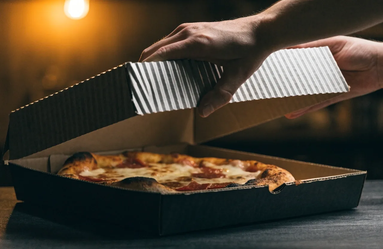 Open takeout box holding a coal-fired pizza on a dark counter