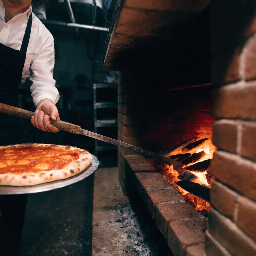 Blistered coal-fired pizza crust at the oven mouth