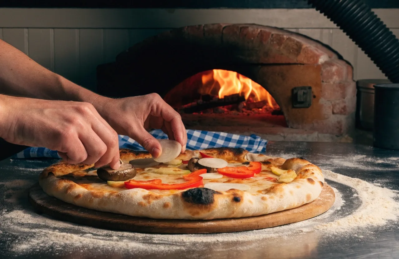 Mushroom pizza with onions and peppers