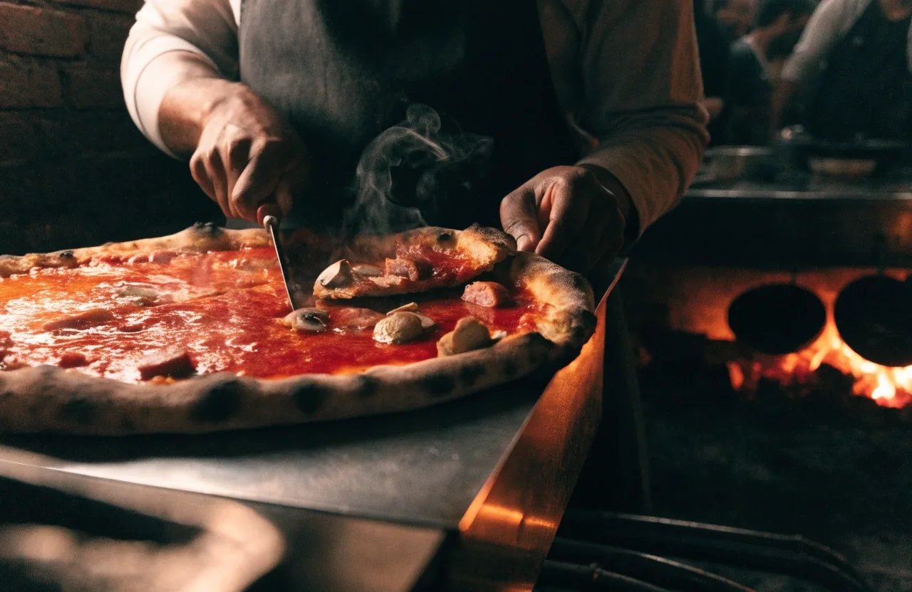 Sausage pizza with peppers on a steel tray