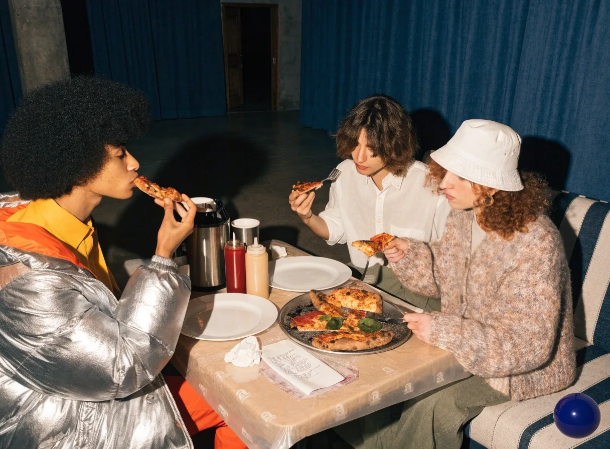 Family sharing a coal-fired pizza at a restaurant table