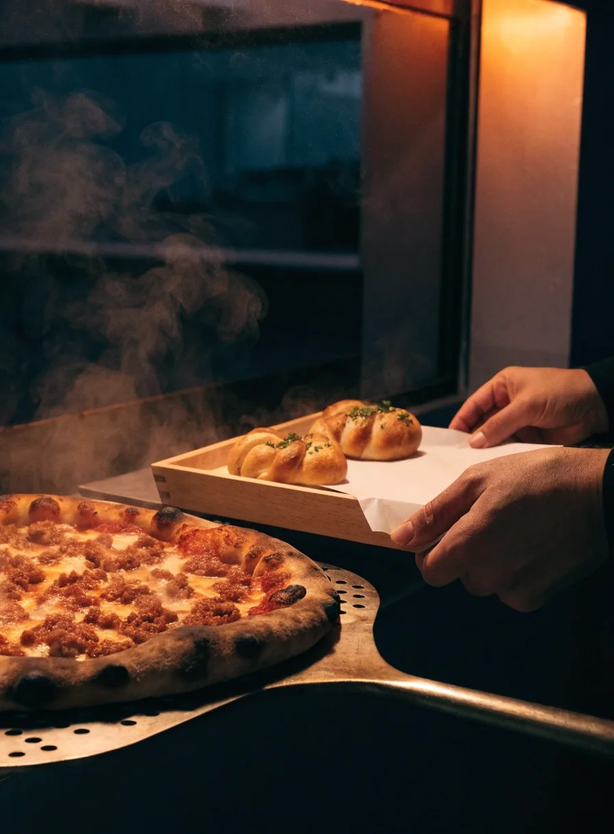 Garlic knots in a paper-lined tray beside a coal-fired pizza