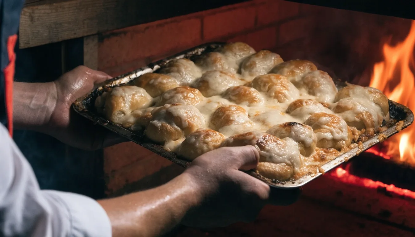Coal-fired sausage pizza on a steel peel near the oven mouth