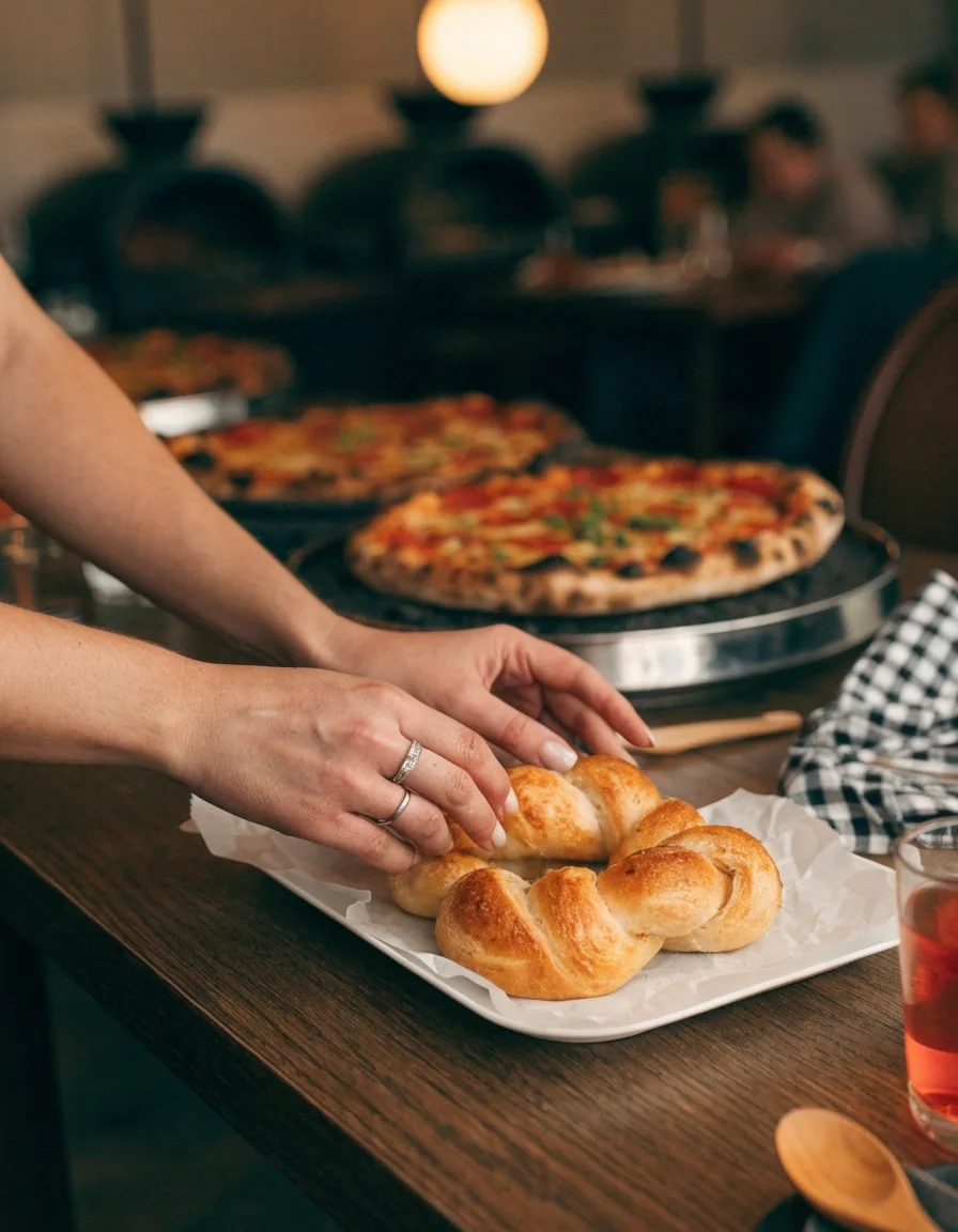 Garlic knots in a paper-lined tray