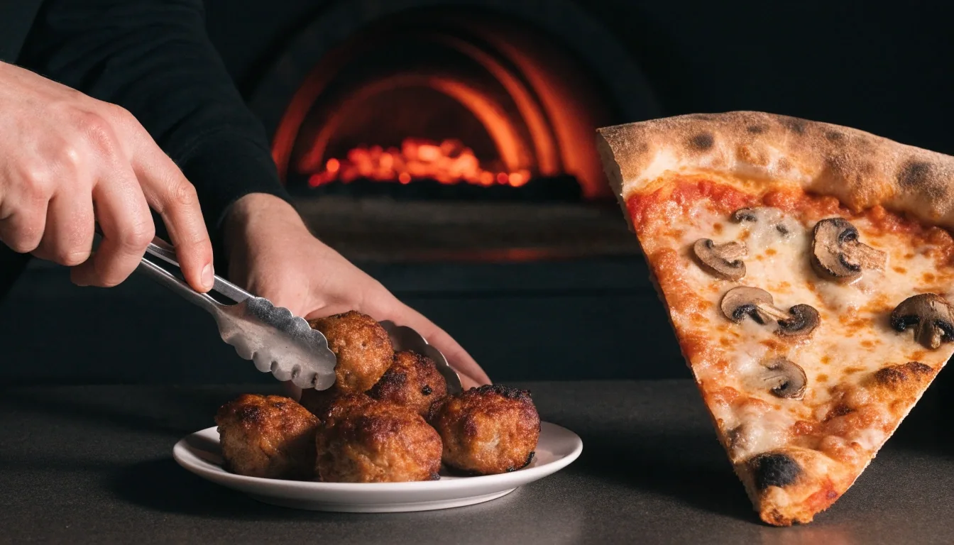 Hands pulling a mushroom pizza from the coal oven