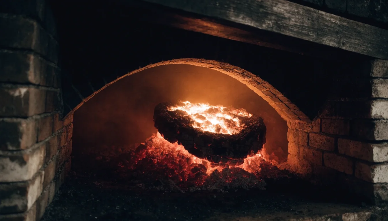 Glowing coal bed inside a dark coal-fired oven