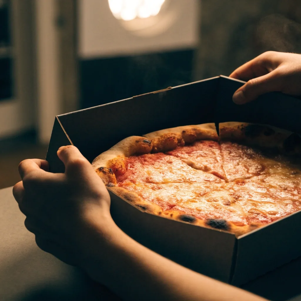 Takeout box with coal-fired pizza on a dark counter