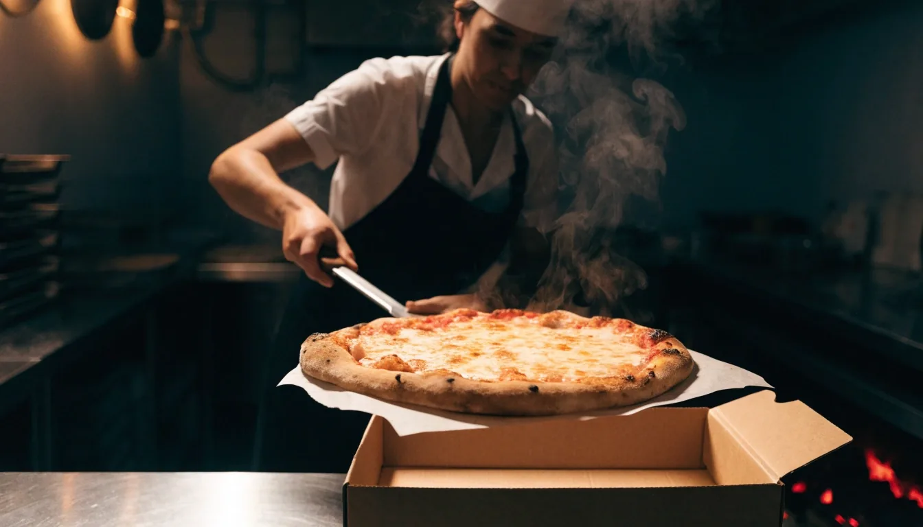 Closed takeout pizza box on a dark counter ready for pickup