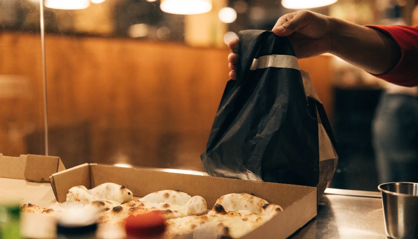 Open takeout box with coal-fired pizza on a counter