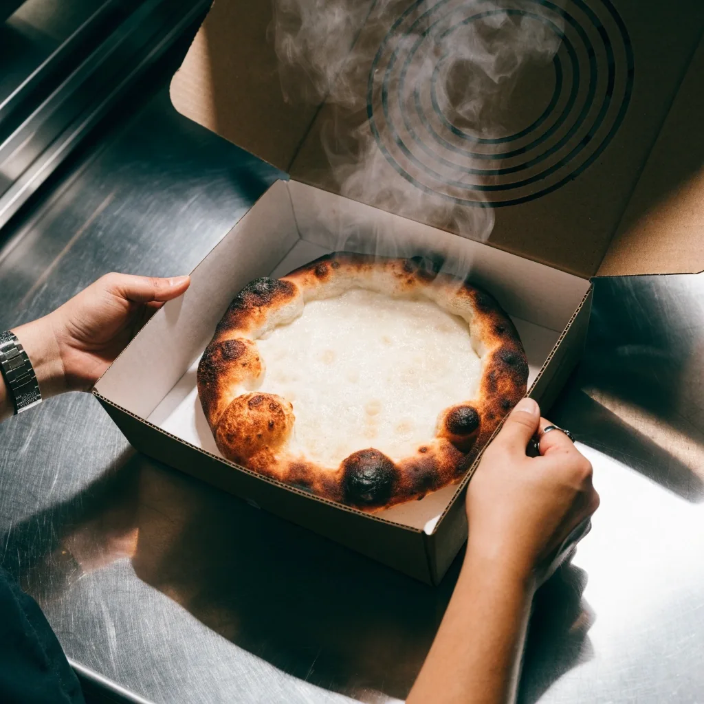 Overhead coal-fired pizza showing blistered crust