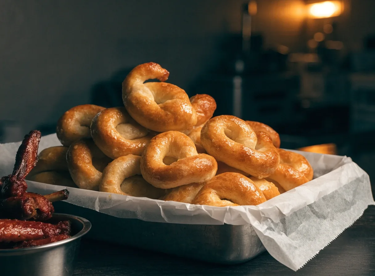 Garlic knots and wings on a dark counter
