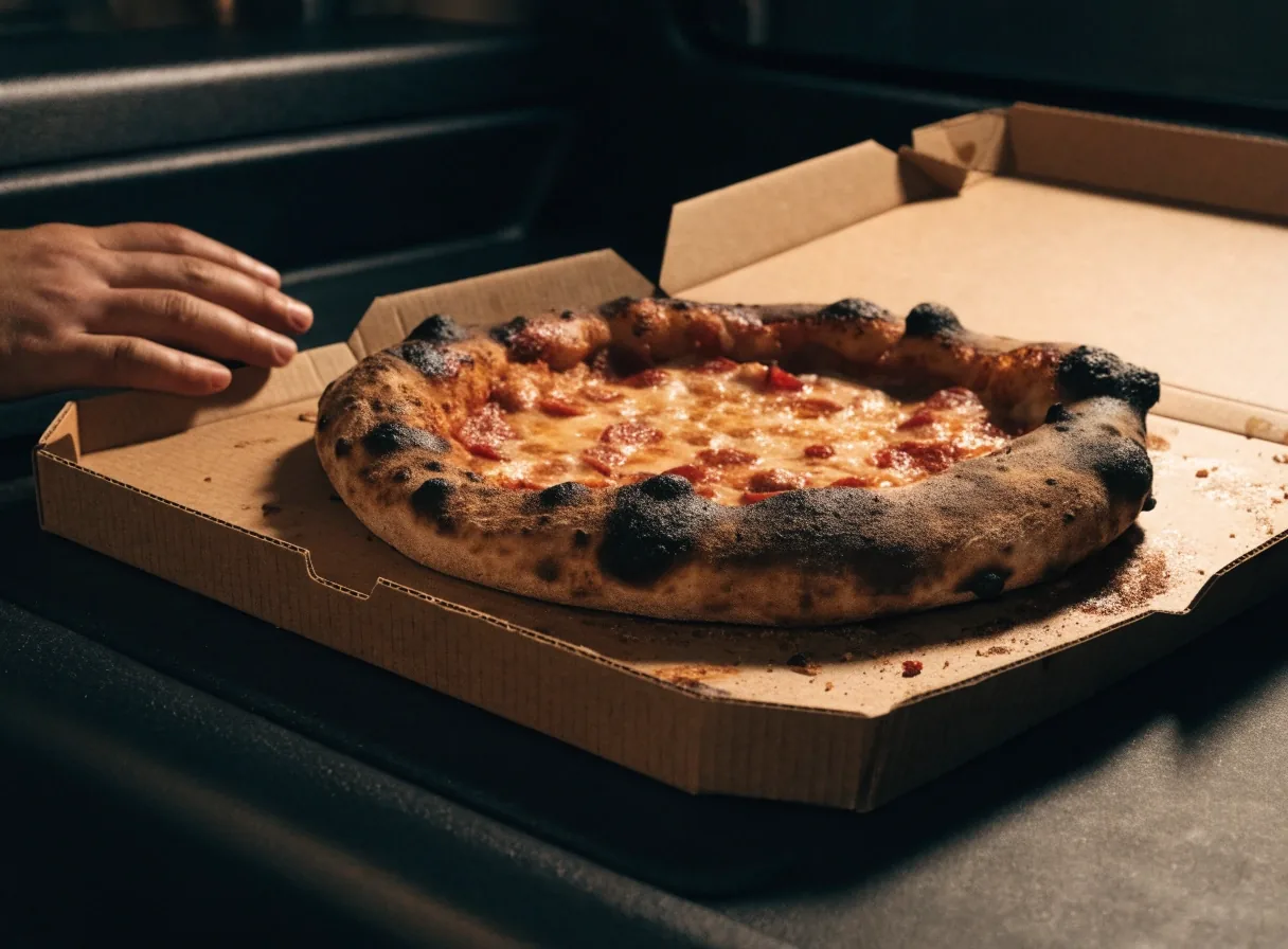 Open takeout box with coal-fired pizza on a counter