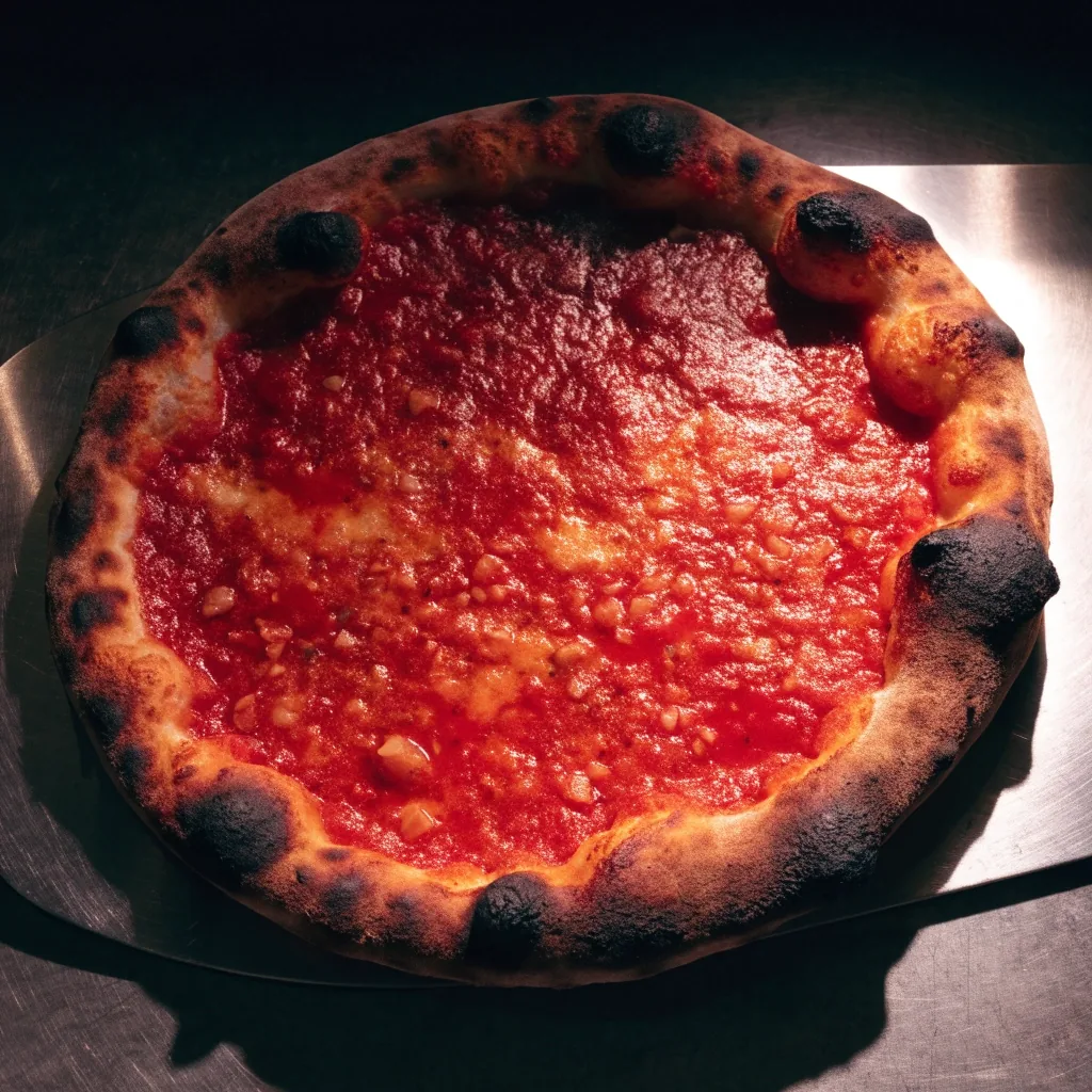 Overhead coal-fired pizza on a steel peel